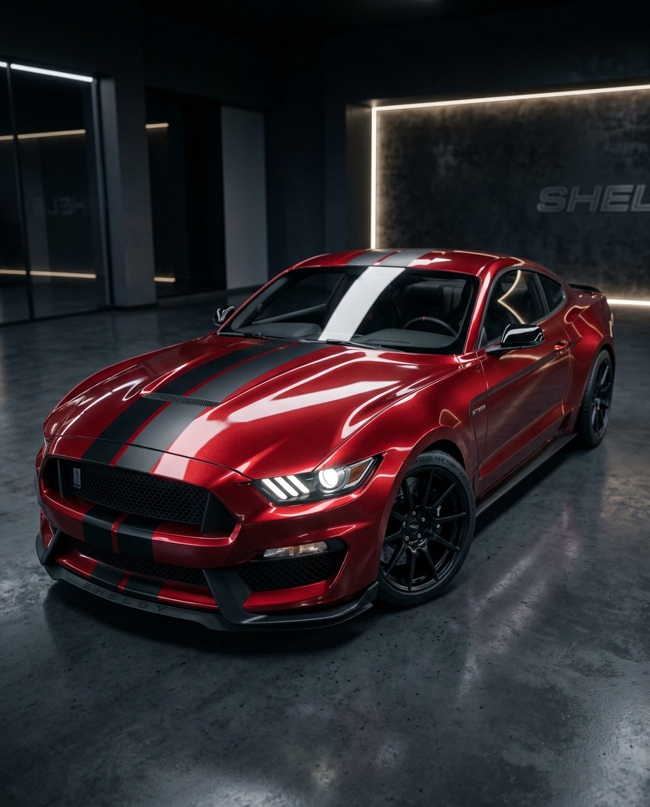 2015 Ford Mustang Shelby 3D render, angled forward view with metallic reflections