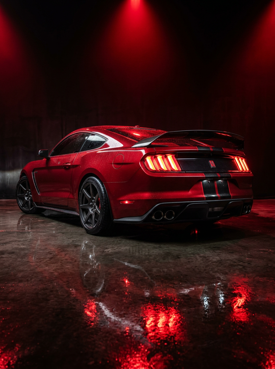 2015 Ford Mustang Shelby rear three-quarter view under studio spotlight